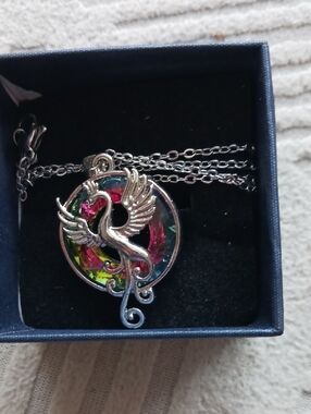Silver Phoenix Pendant Necklace with Multicolor Crystal Accent